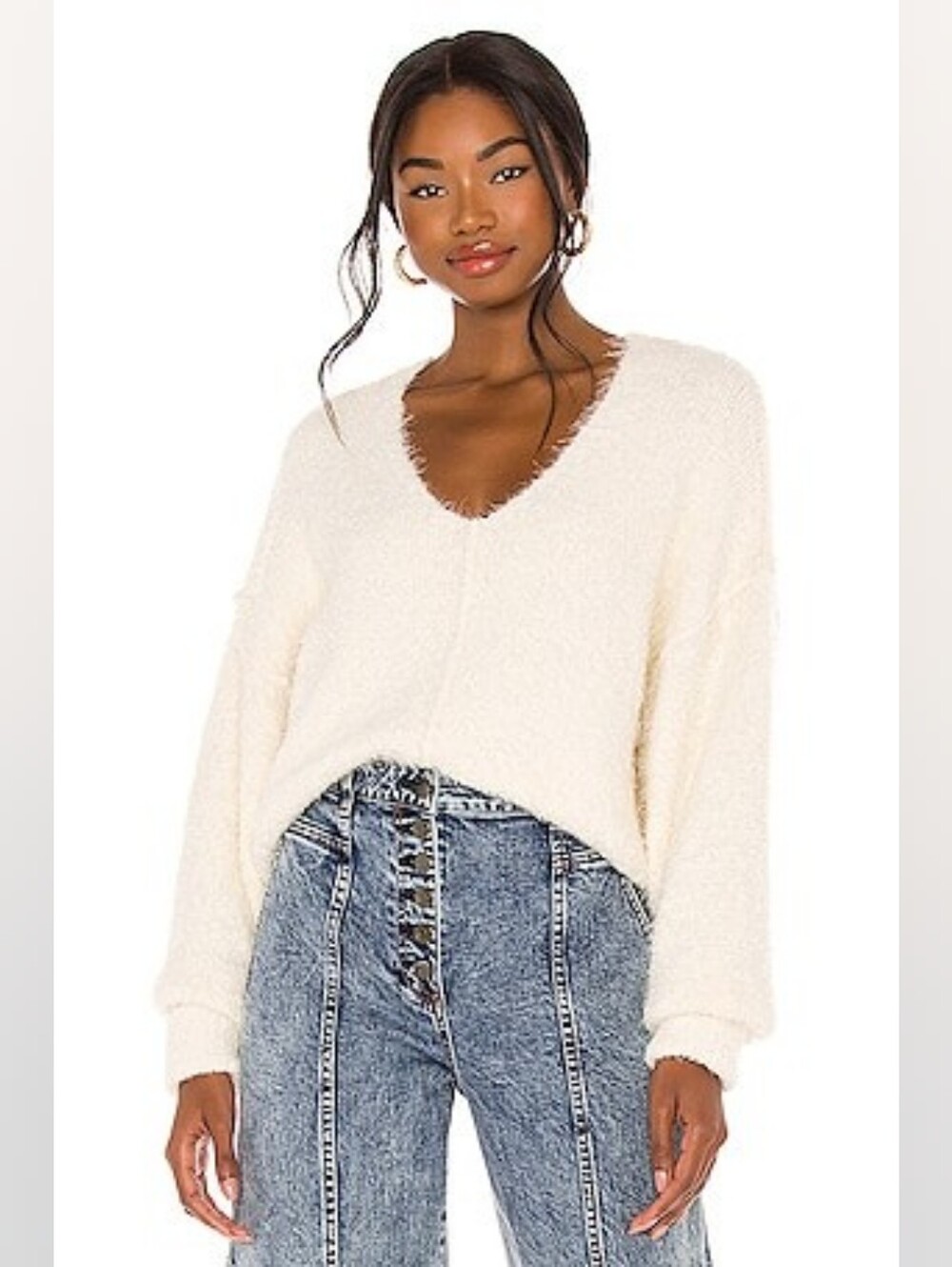 Free People Icing V Pullover Cream Fuzzy Oversized Sweater